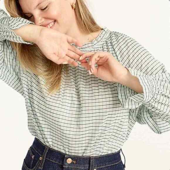 J.Crew Womens Plaid Ruffle Blouse Top XS Blue Long Sleeve Tie Waist BB277 NWT - Picture 2 of 11